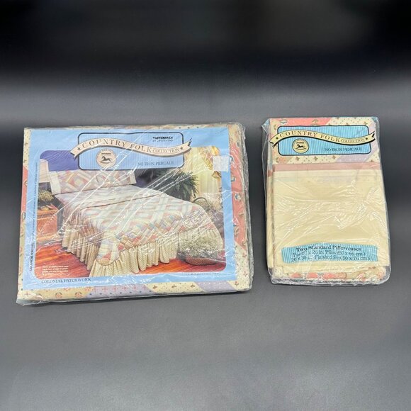 Vintage Full Flat Sheet 2 Pillowcases Set JP Stevens Country Folk 1980s Cottage - Picture 2 of 10